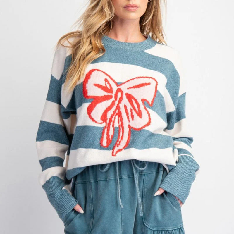 Women's Round Neck Pullover Long Sleeve Bowknot Sweater