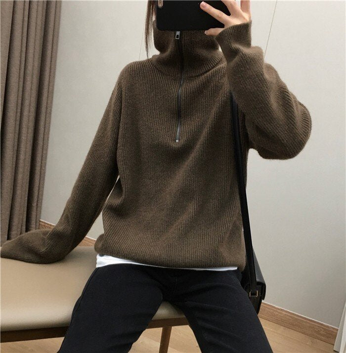 Women's Elegant Lapel Zipper Pullover Sweater