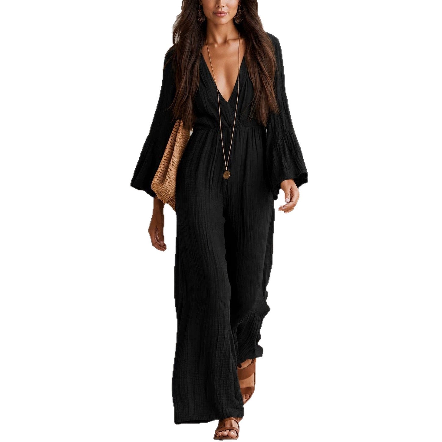 Womens Long-sleeve V-neck Bohemian-style Elastic-waist Jumpsuit