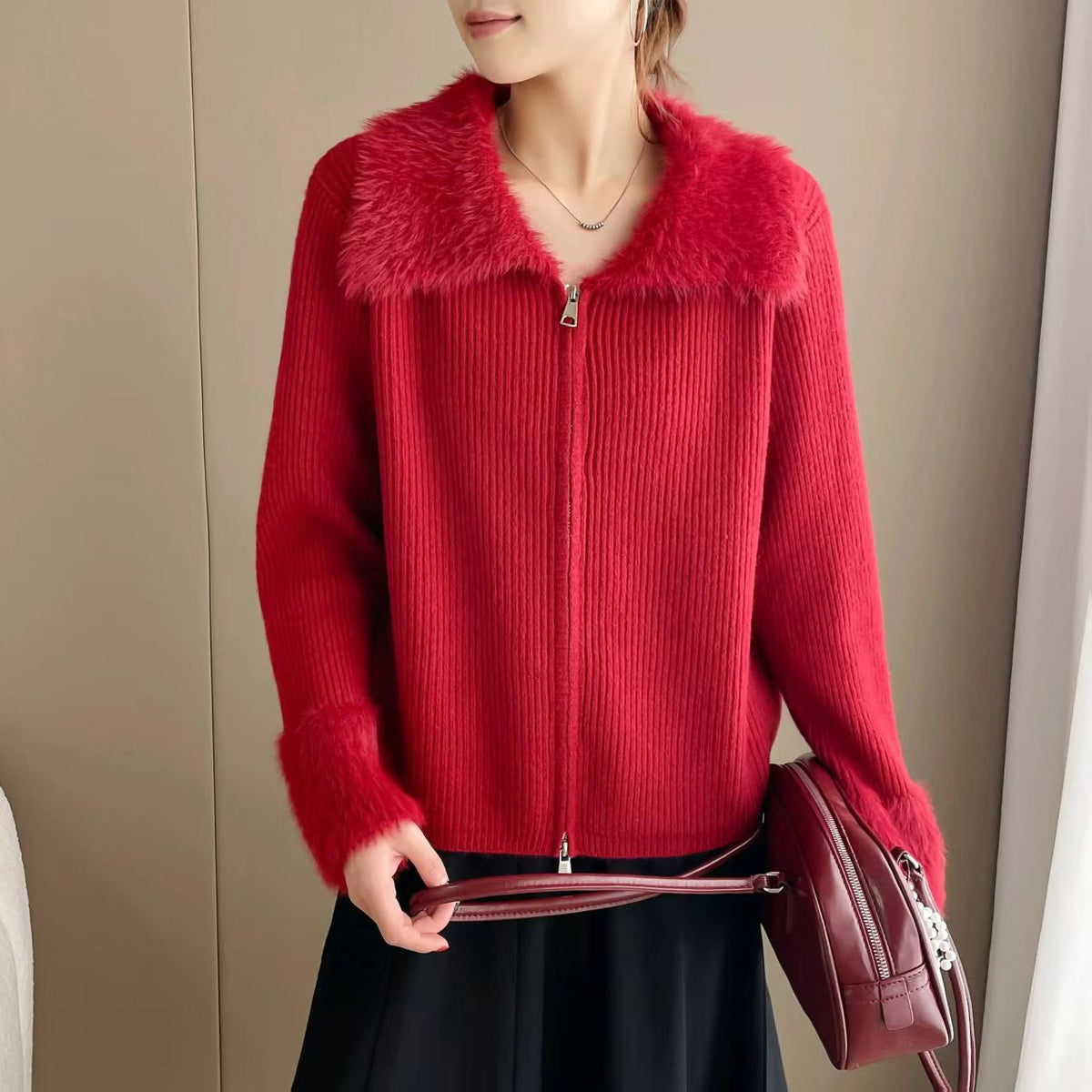 Korean Style Double Zipper Lapel Patchwork Cuff Sweater