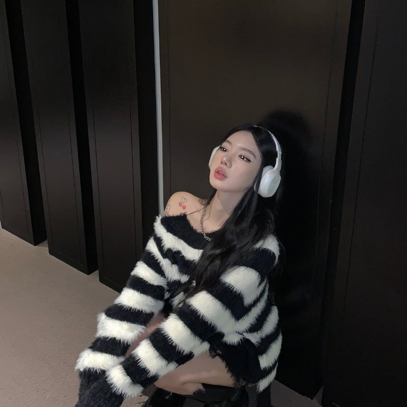 Cozy Striped Plush Pullover Zipper Sweater