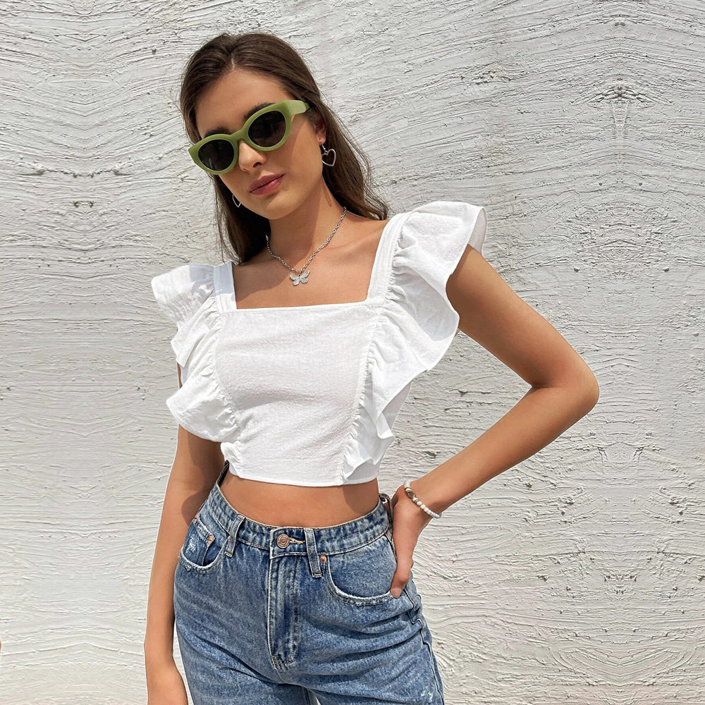 Backless Tie‑Up Flutter Sleeve Sweet Sleeveless Top – Fresh White