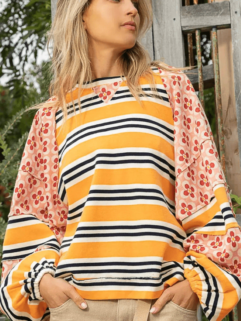 Women's Color Block Print Loose Long Sleeve Pullover Top