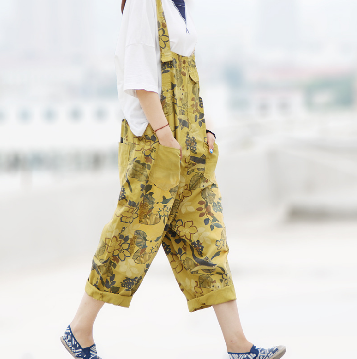 Casual Loose Floral Print Cotton Overalls for Women