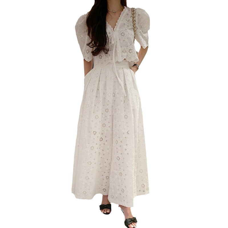 Embroidered Top High Waist Pleated Skirt Two-piece Set