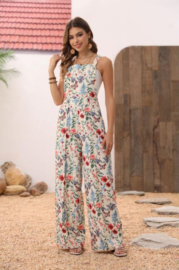 Floral Print Button Wide Leg Jumpsuit