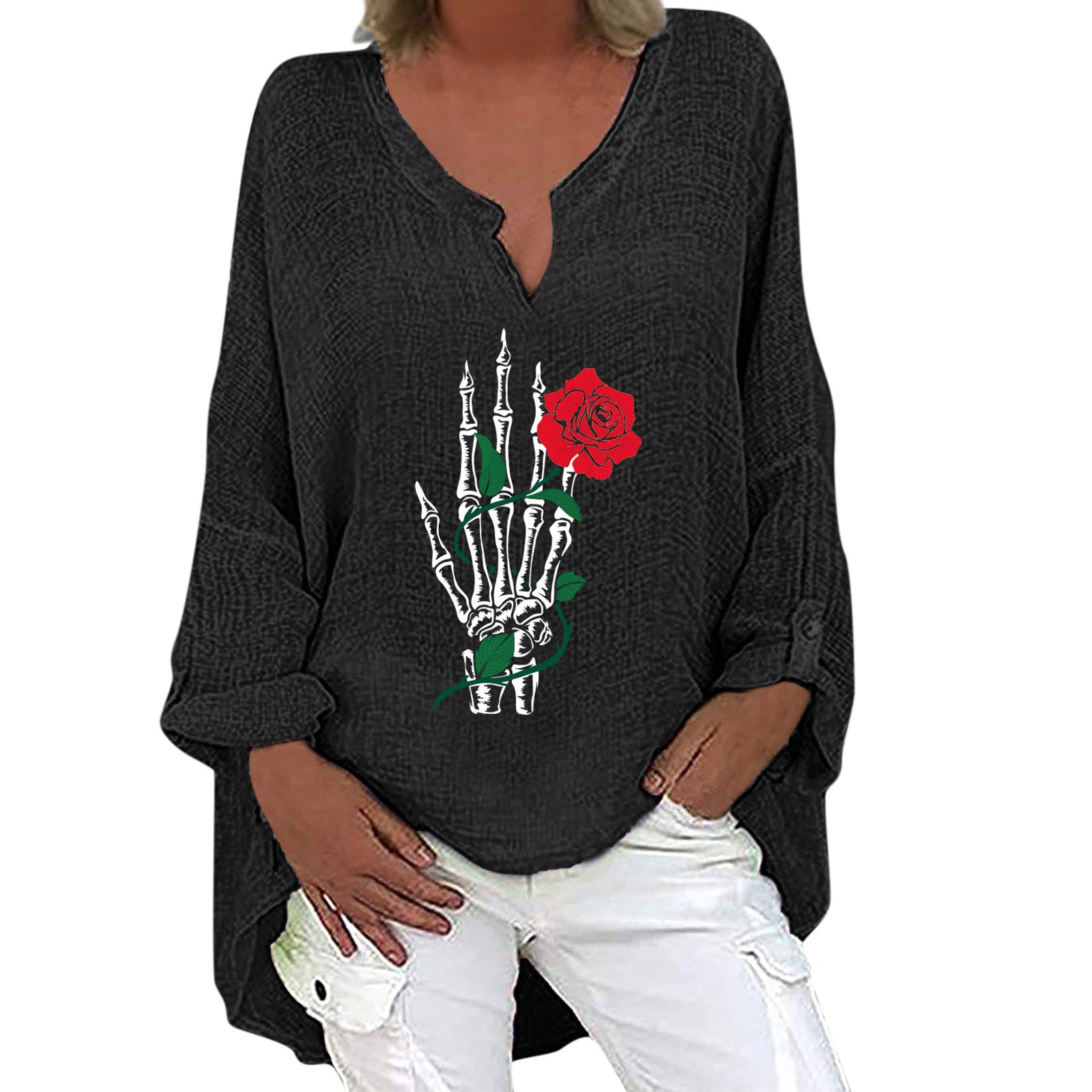 Women's Halloween V-Neck Cotton Linen Long Sleeve Shirt