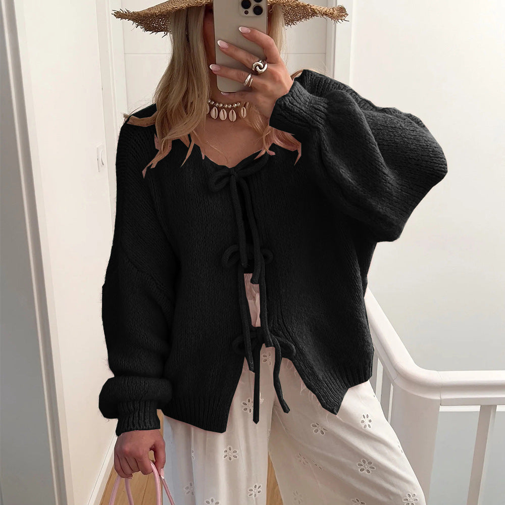 Women's Solid Color Casual Loose and Simple Lace-up Sweater Coat