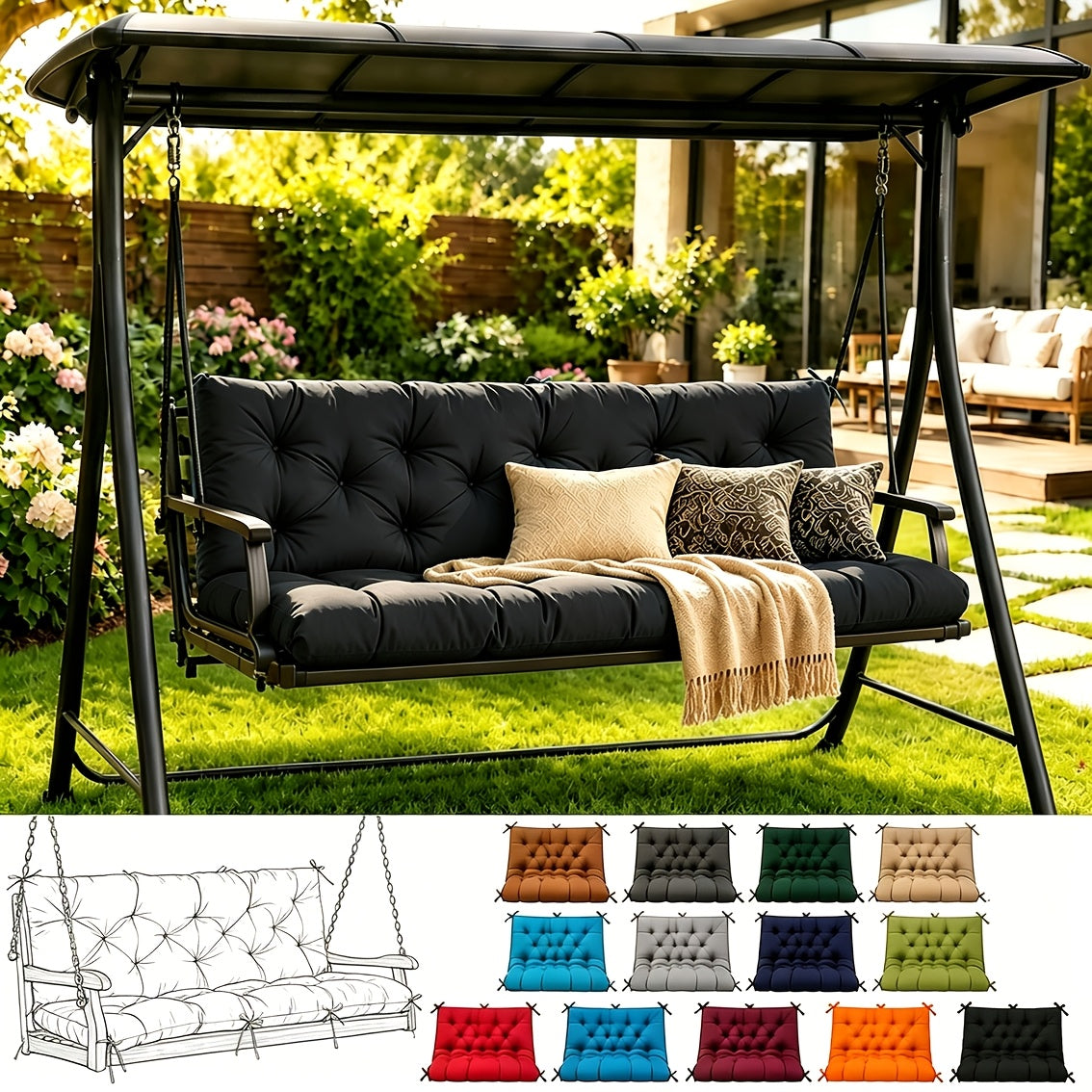 Porch Swing Cushions, Outdoor Replacement Cushions with Backrest, Waterproof Bench Cushion with Ties, for Patio Porch Garden Backyard, 5In 60 Inch 3 Seater, Sky Blue 60 X 40In 47 X 40In 40 X 40In