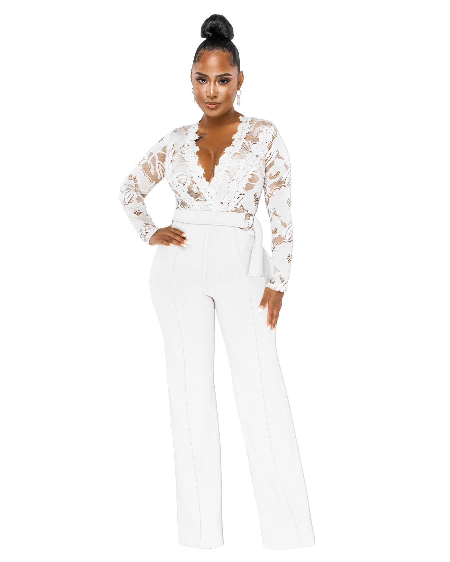Women's Casual V-Neck Lace See-Through Slim Jumpsuit