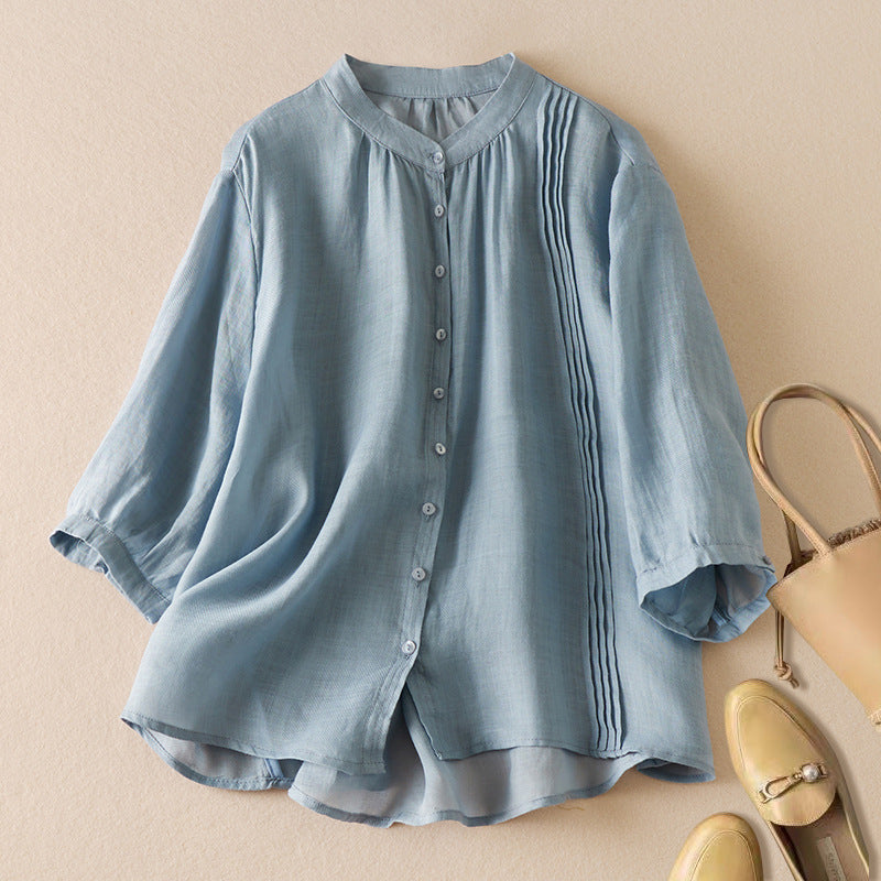 Stand-collar Pleated Cotton-linen Three-quarter-sleeve Shirt For Women