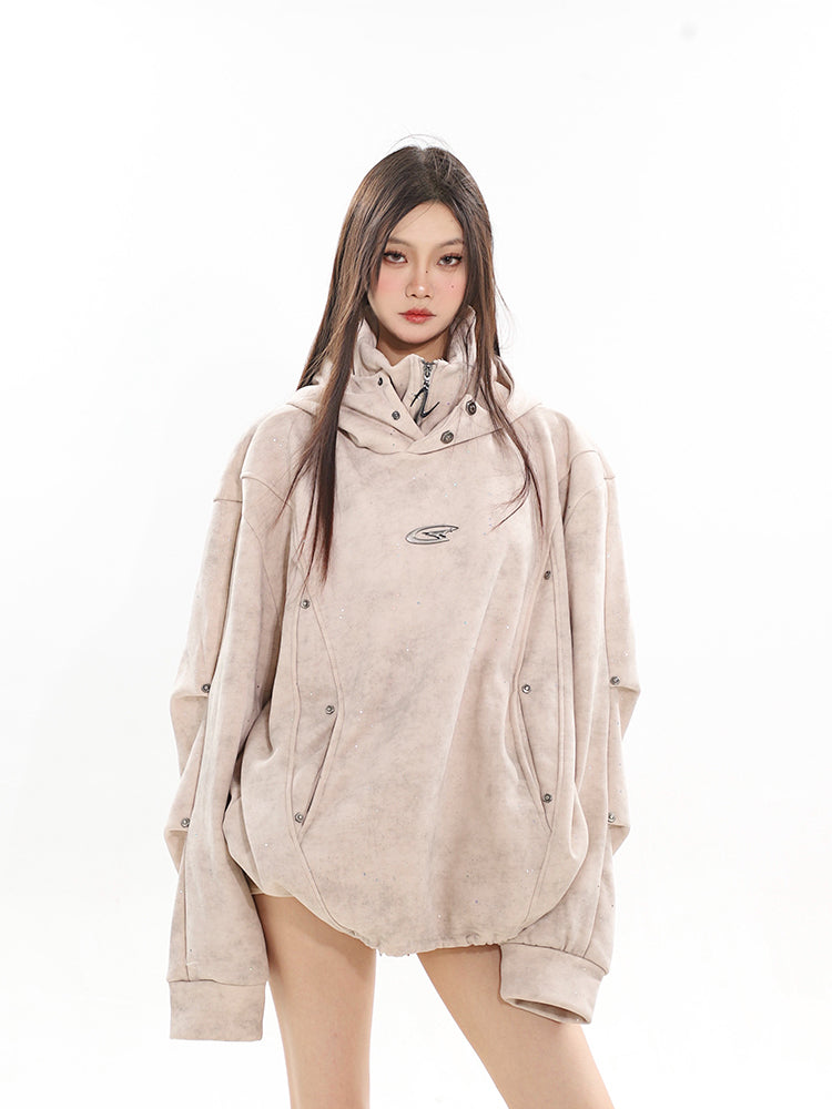 Double-Layer Hooded Turtleneck Pleated Couple's Sweater
