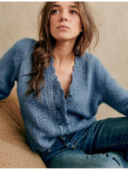 Haze Blue Mohair Cardigan Crocheted V-neck Puff Sleeve Sweater