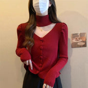 V-neck Puff-sleeve Knit Camisole Halter Top
