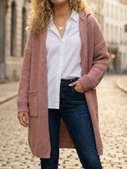 Women Hooded Long Knit Duster Open Front Letter Jacquard Back Cardigan with Side Pockets