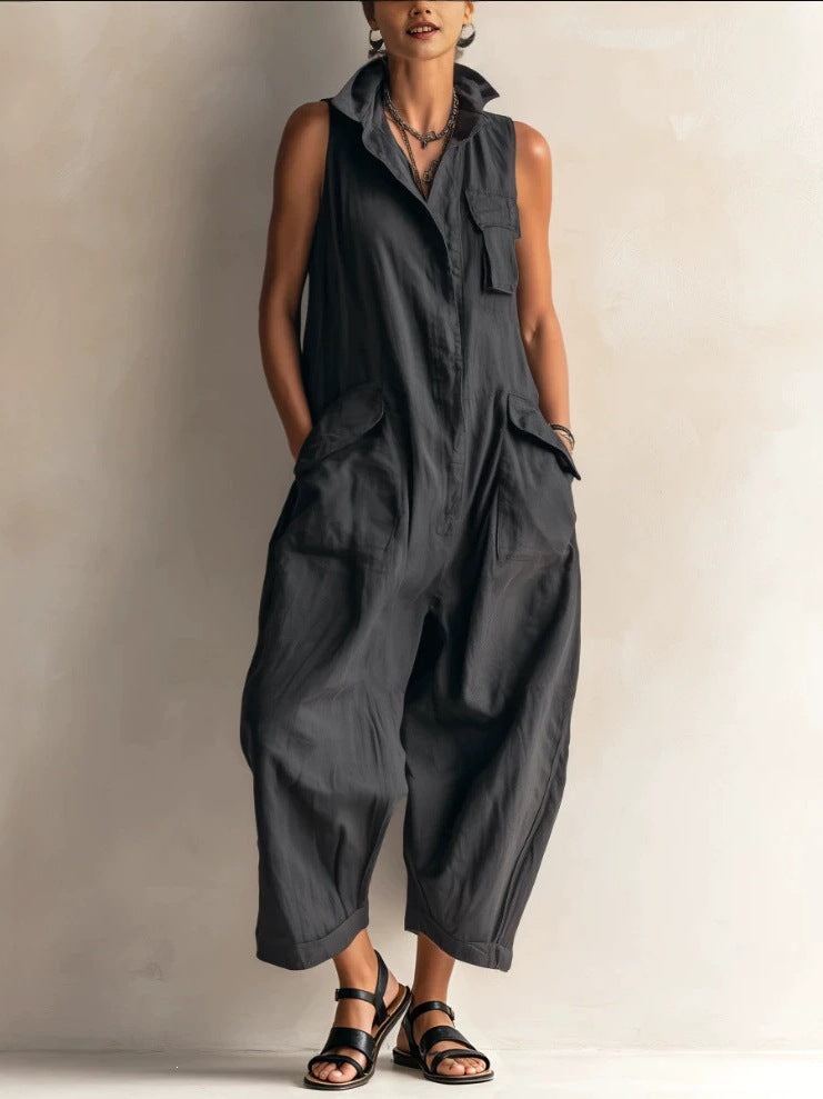 Casual Cotton Multi-Pocket Wide-Leg Jumpsuit