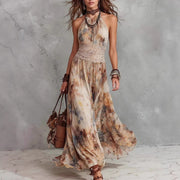 Womens Retro Oil-painting-style Summer Floral Strap Waist-cinching Dress