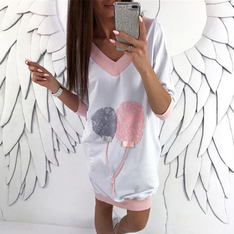 Women's V-neck Color-block Loose Lace Printed Mid-length Long Sleeve Sweater