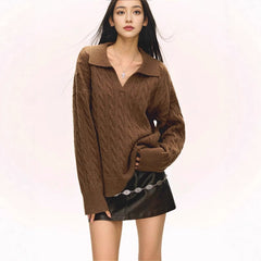 Lapel Twisted Pullover Sweater for Women
