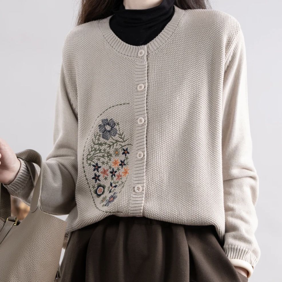 Chinese-style Corn-stitch Cotton Knit Cardigan Sweater for Women