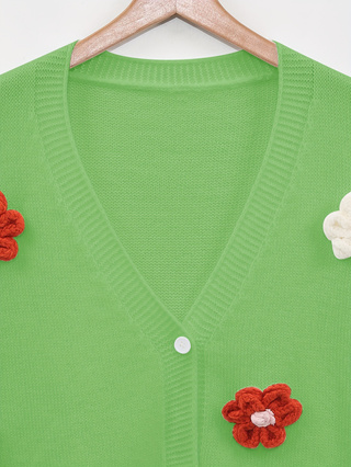 Ladies Colorful Flower Knit Cardigan Loose Long Sleeve Casual Layering Outerwear
