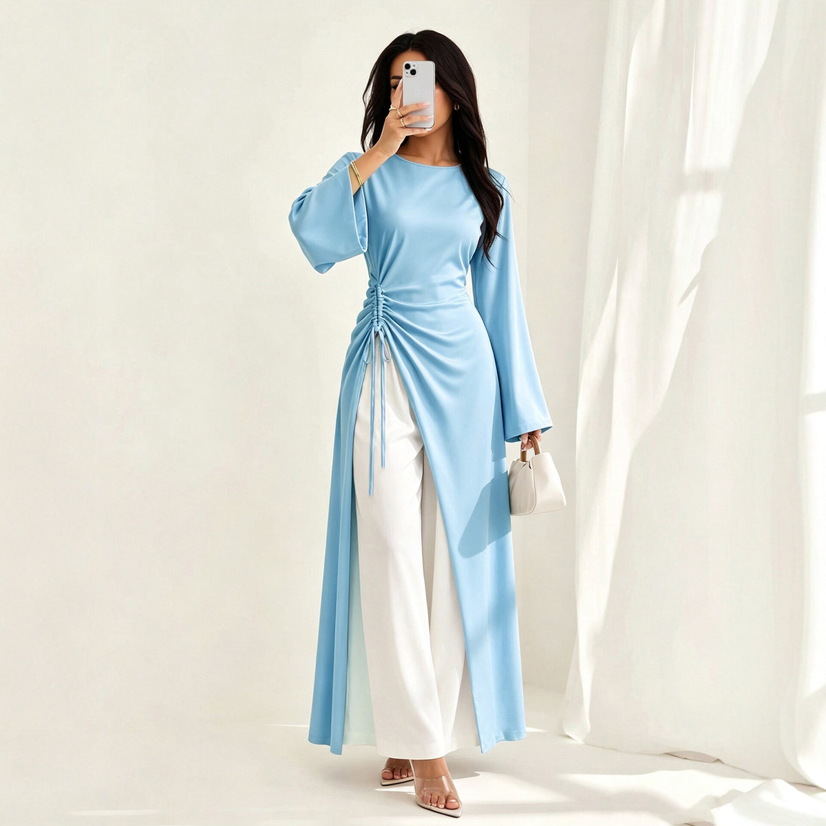 Elegant Dress with Side Drawstring Waist Flared Sleeves and a Slit…