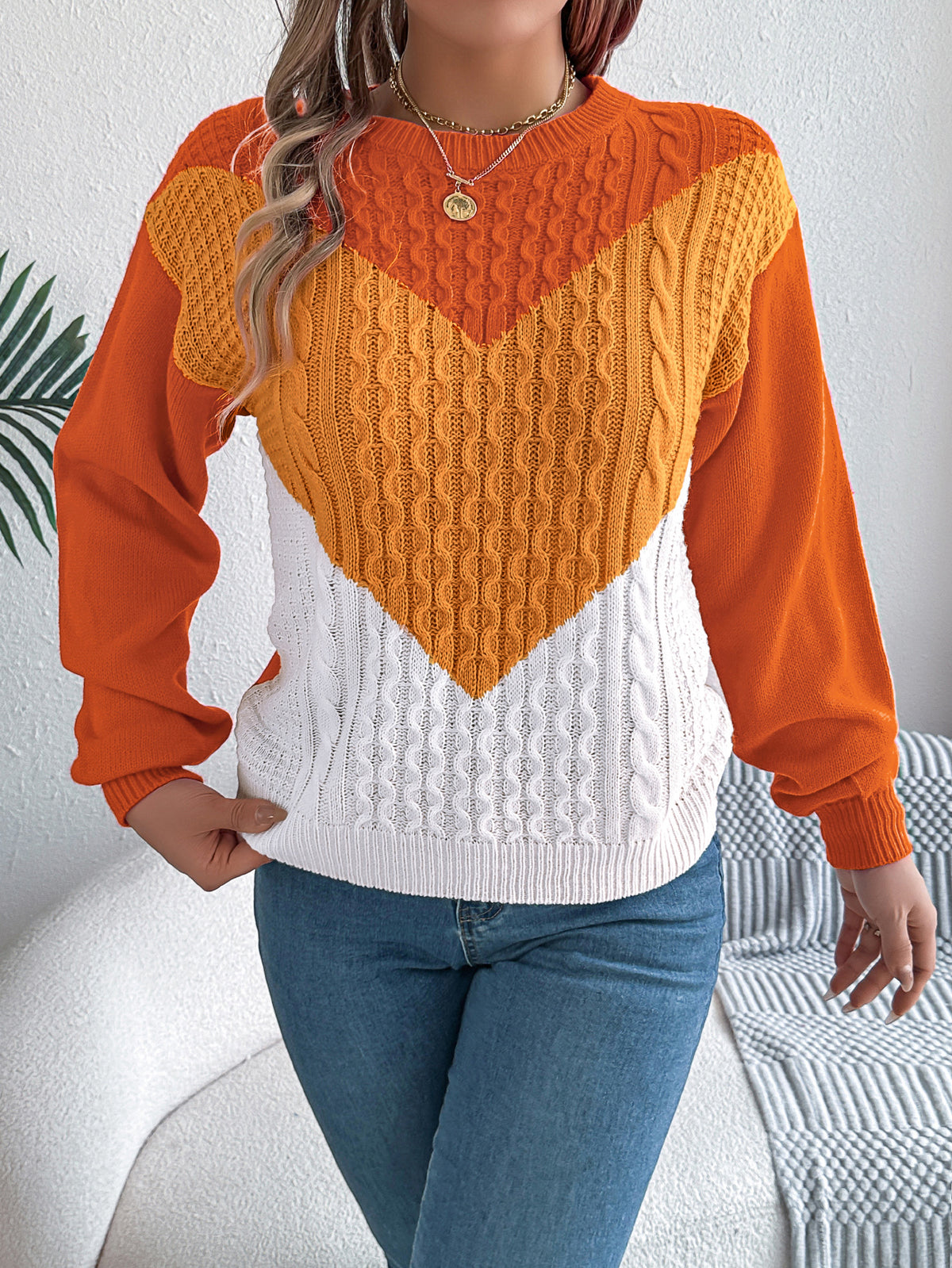 Women Casual Color Block Cable Knit Lantern Sleeve Pullover Sweater
