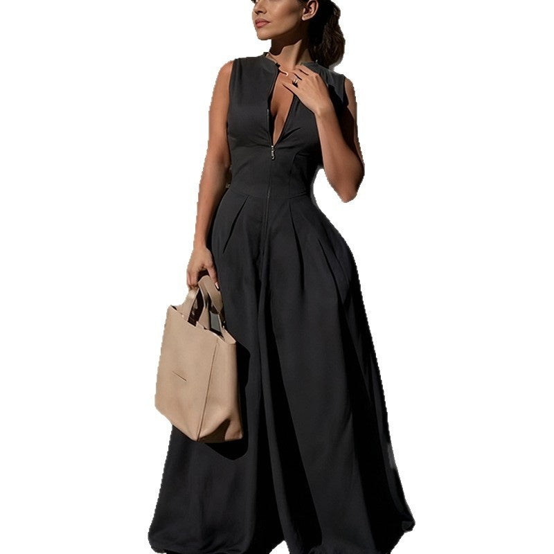 Elegant Solid Zippered Sleeveless Patchwork Jumpsuit