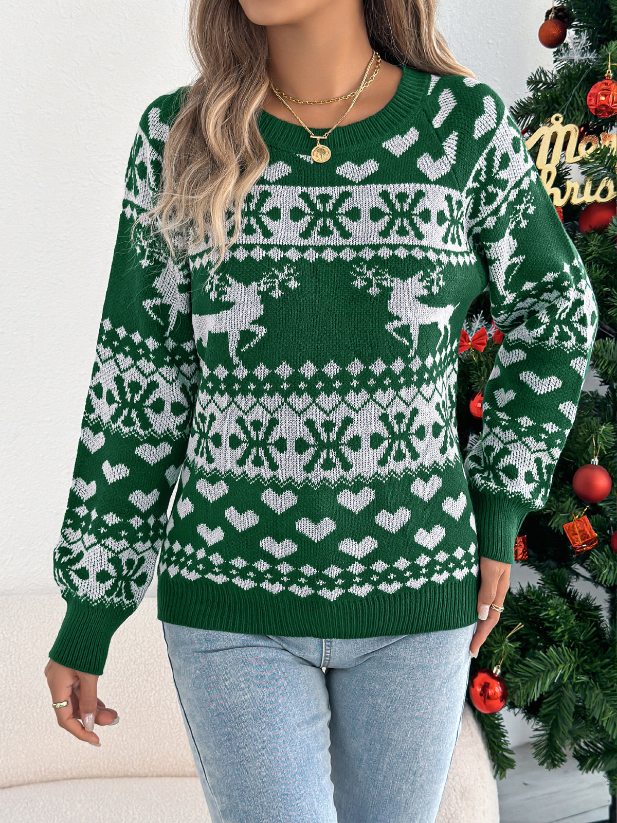 Women Christmas Deer Pattern Long Sleeve Pullover Sweater