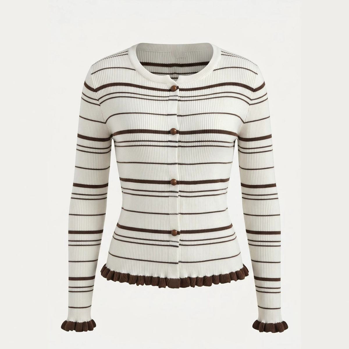Cross-border Knitted Sweater Striped Ruffled-edge Knit Cardigan Round-neck Single-breasted Slimming and Versatile Top