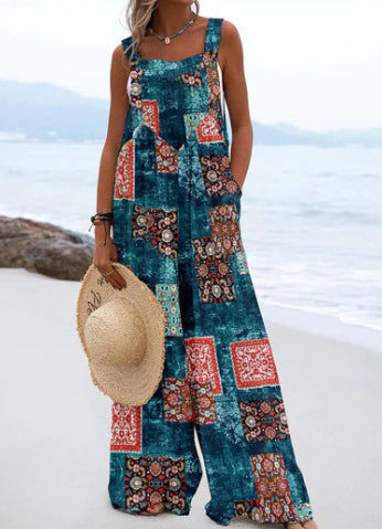 Chic Digital Print Button Romper with Wide Legs