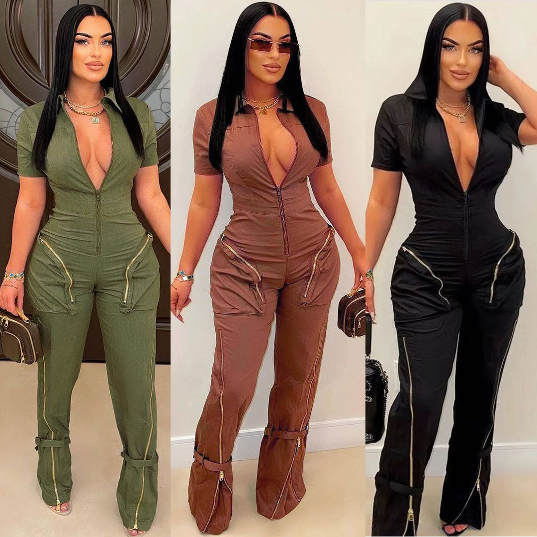 Summer Zipper Workwear With Pocket Jumpsuit