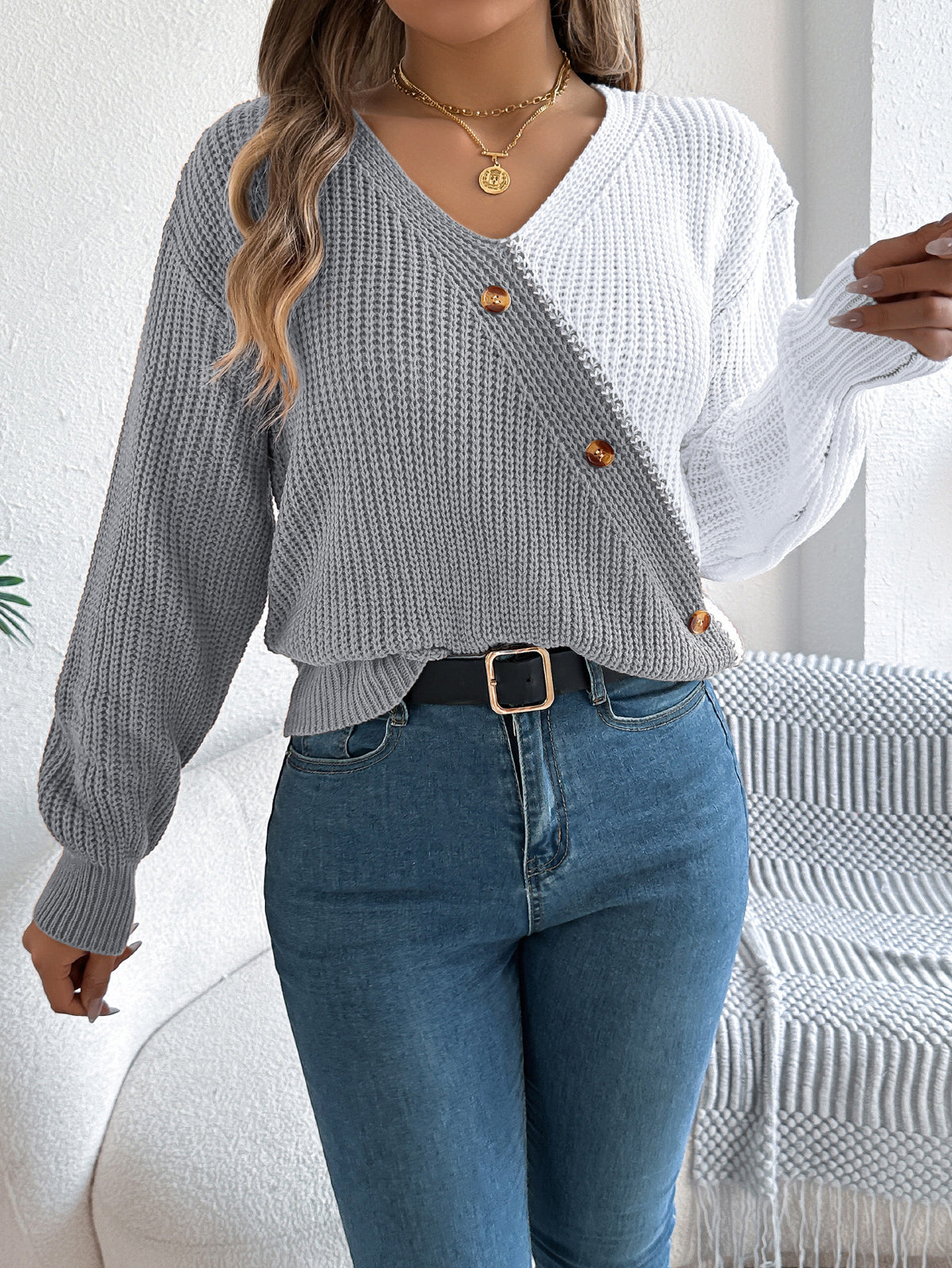 Women Casual V-neck Button Color Block Lantern Sleeve Pullover Sweater