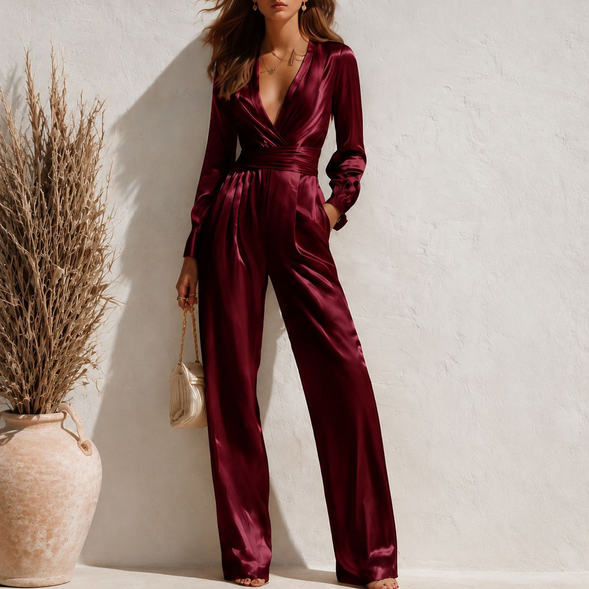 Womens V-neck Long-sleeve Satin Jumpsuit