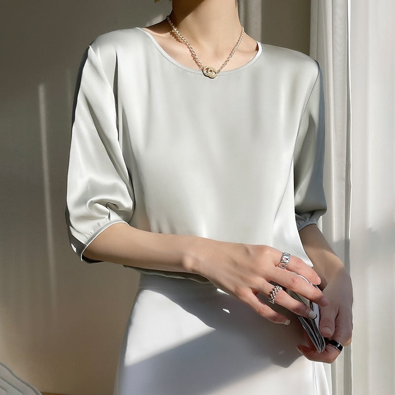 Women's Round Neck Mulberry Silk Loose Satin Cropped Ice Silk Short Sleeve T-shirt Top