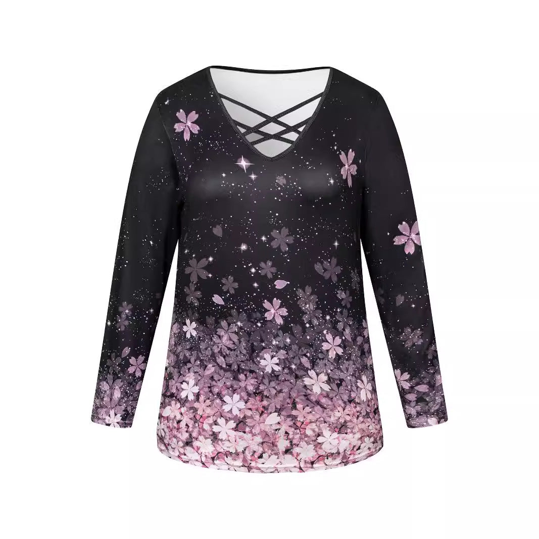 Plus Size Floral Cross-Collar T-Shirt