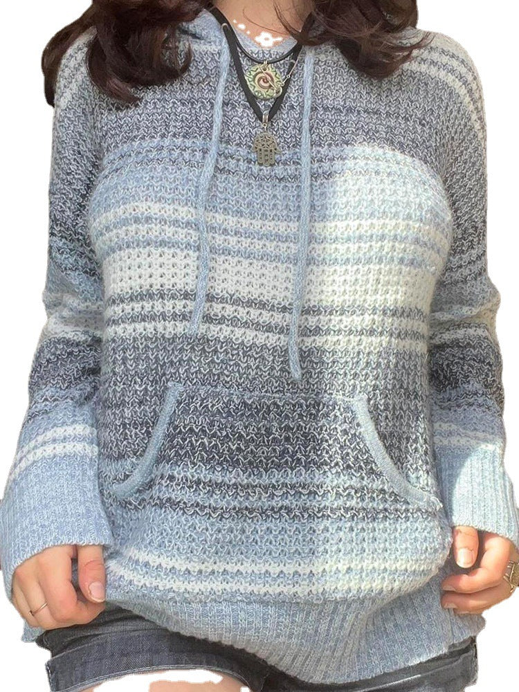 European And American Women's New Hooded Stripe Casual Knitwear