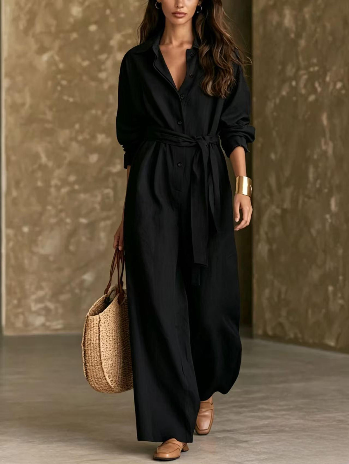 Women's Casual Belted Long-Sleeve Wide-Leg Jumpsuit