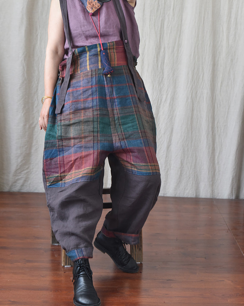 Chic Linen Patchwork Suspender Pants for Women
