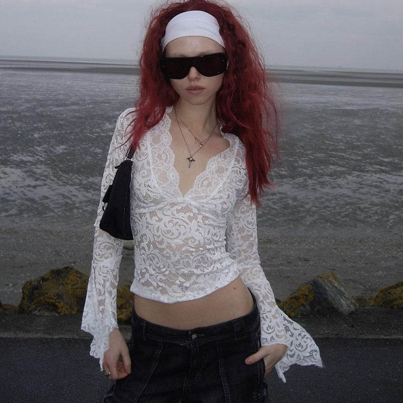 Sexy Deep V Slim Fit Midriff-baring Lace Long-sleeved Lace Top