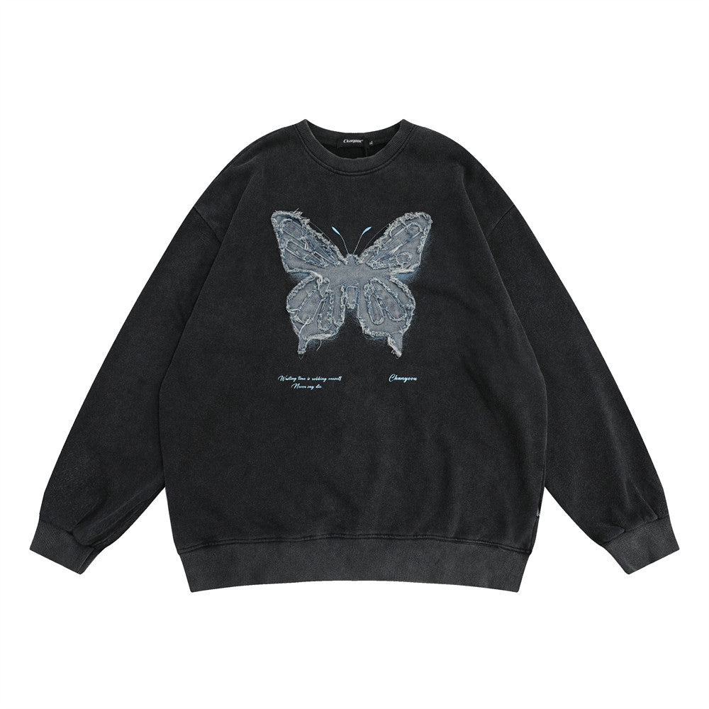 Chic Denim Butterfly Patch Loose Streetwear Sweater