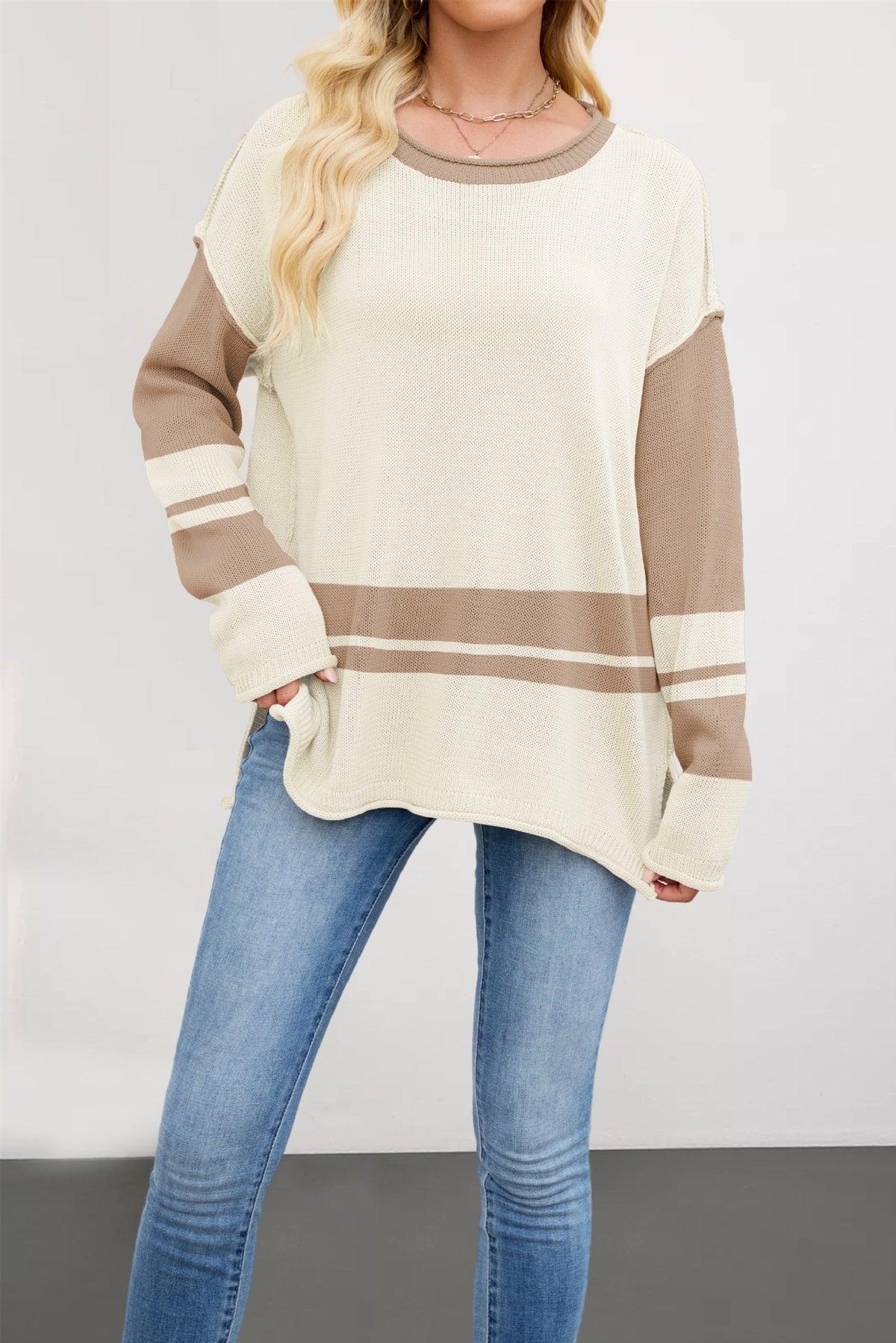 Color-block Crew Neck Loose Versatile Jumper