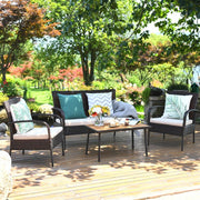 4pcs Patio Cushioned Wicker Conversation Set with Acacia Wood Tabletop