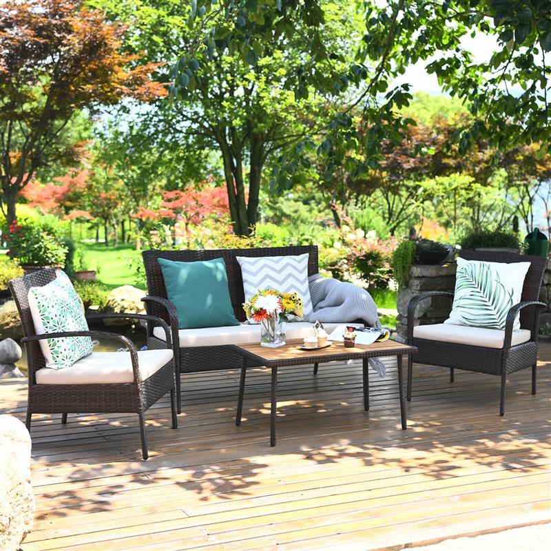 4pcs Patio Cushioned Wicker Conversation Set with Acacia Wood Tabletop