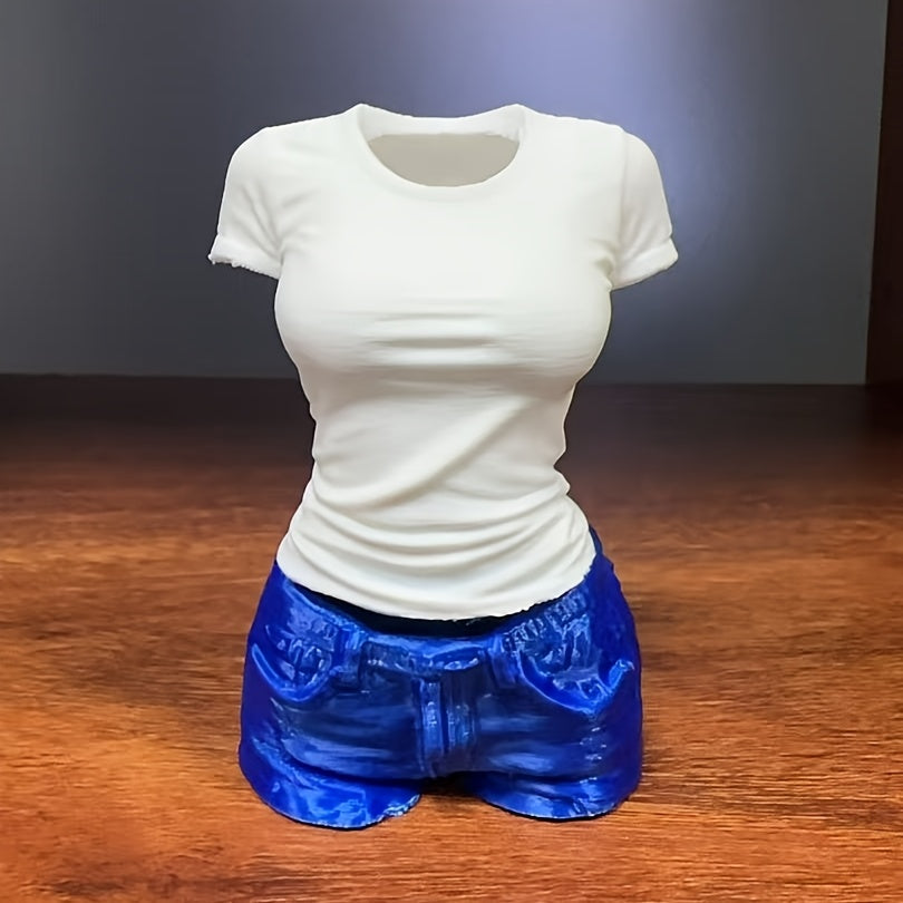 Women's Bust Pen Holder – White T‑Shirt and Blue Jeans Desktop Organizer