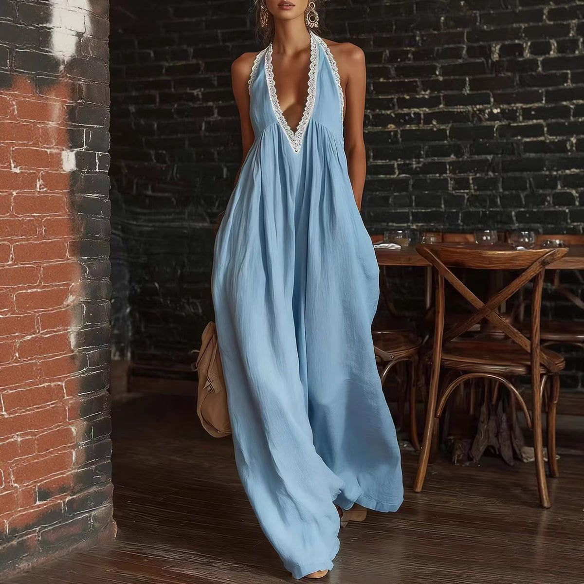 Casual Lace-Trimmed Loose Linen Jumpsuit