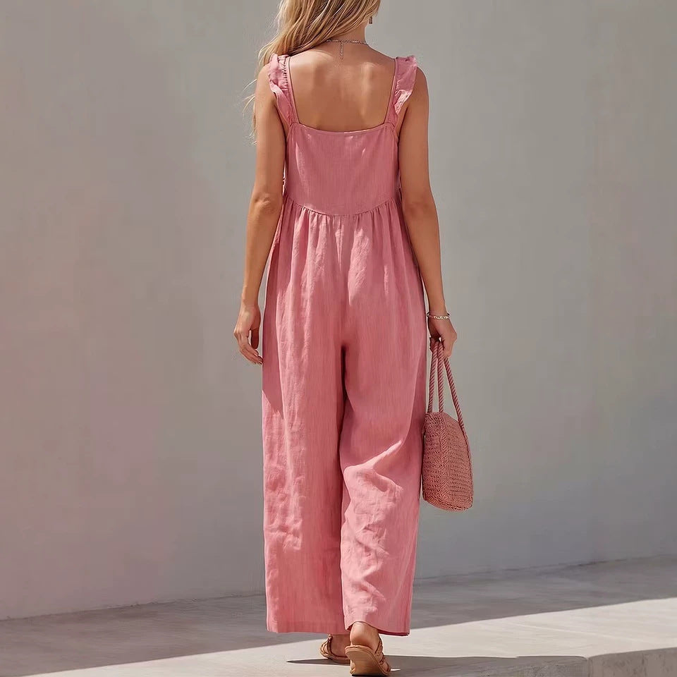 Chic Sleeveless Solid-Color Straight-Leg Jumpsuit