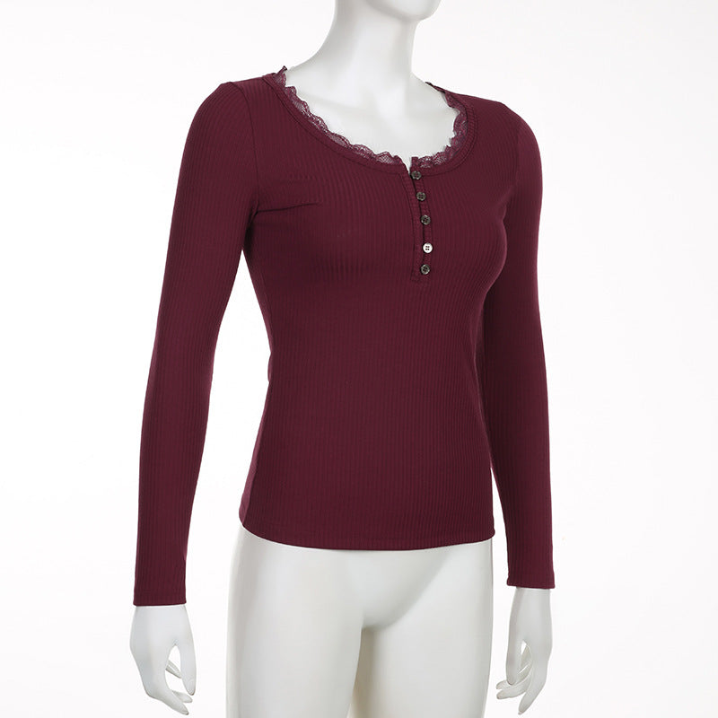 Lace Stitching Slim-Fit Long Sleeve Top