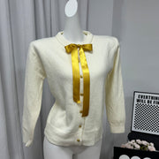 Bow Ribbon Sweet Gentle Small Golden Button Sweater
