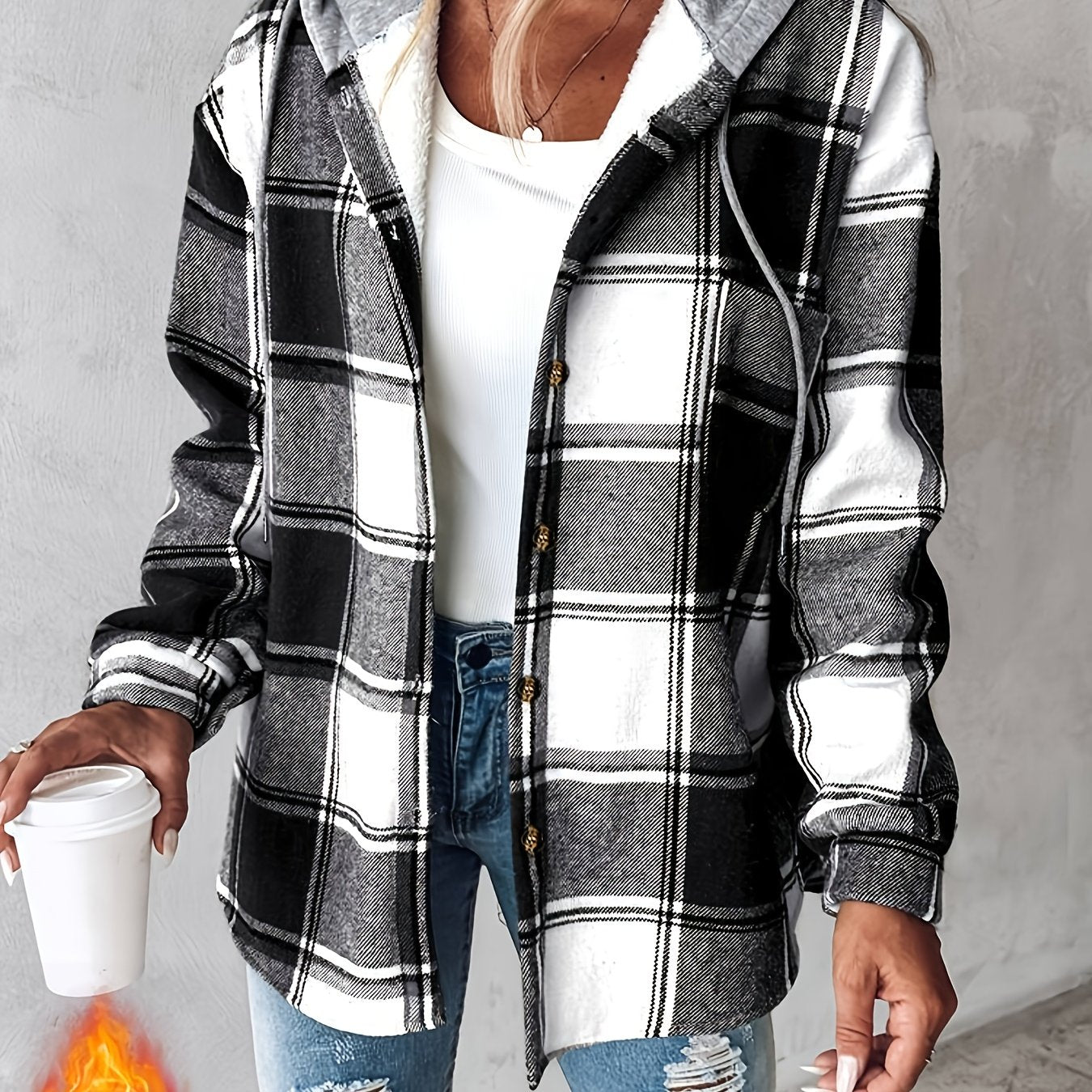 Women's Plaid Hooded Jacket with Fleece Lining
